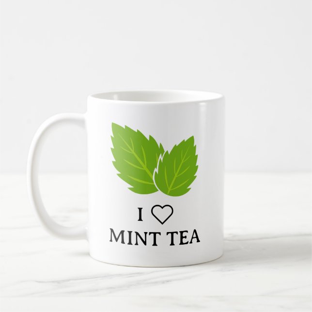 I heart mint tea mug with green herb leafs logo (Left)
