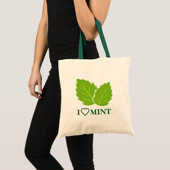 I heart mint tote bag with green herb leafs logo (Front (Product))