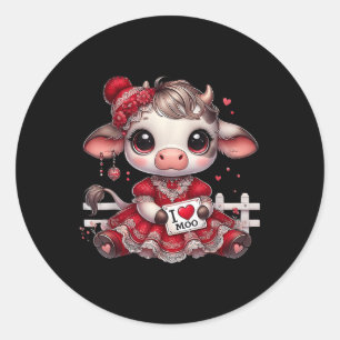 I Heart Moo Cute Girl Highland Cow Western Valenti Classic Round Sticker
