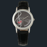 I HEART MUSIC Treble Clef Black Personalised Watch<br><div class="desc">I HEART MUSIC DESIGN with a red heart in a white Treble Clef on black backgorund and there's some music floating in the air! Personalise it with recipient's name as a gift with LOVE for musicians or those who love music!  See various styles and colours.</div>