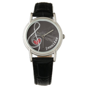 I HEART MUSIC Treble Clef Black Personalised Watch
