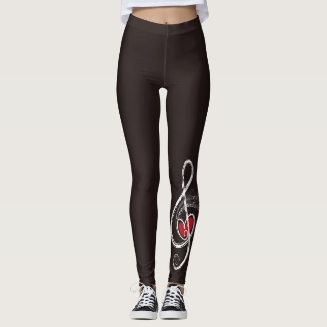 I HEART Music Treble Clef Black Red White Leggings (Front)