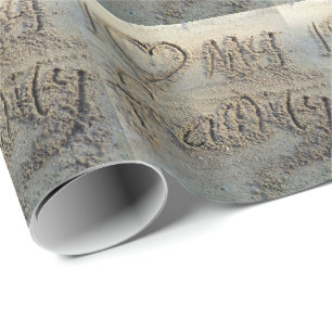 I heart my family, sand writing beach love quote wrapping paper