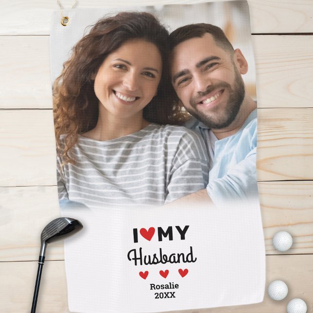 I Heart My Husband Photo Fun Golfer Modern Custom Golf Towel (Creator Uploaded)
