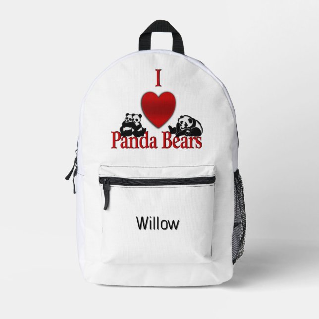 I Heart Panda Bears Fun with Name Printed Backpack (Front)