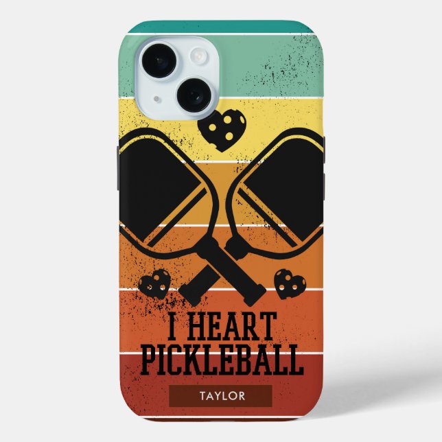 I Heart Pickleball Retro Stripes Monogram Name Case-Mate iPhone Case (Back)