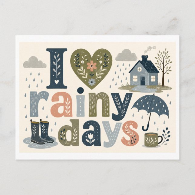 "I [Heart] Rainy Days" Postcard (Front)