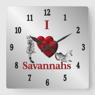 I Heart Savannah Cat Silver Black Numbers Square Wall Clock
