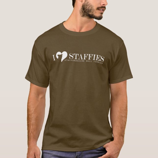 i heart Staffies -  White Logo w/ Breed Name T-Shirt (Front)