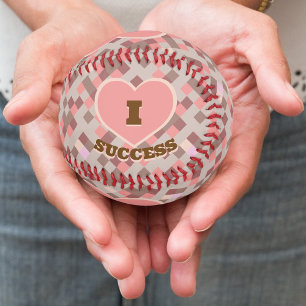 I Heart Success Coral Pink Brown Chequered Pattern Baseball