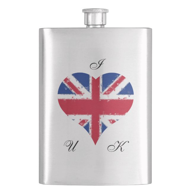 I Heart UK English British Flag Union Jack Hip Flask (Front)
