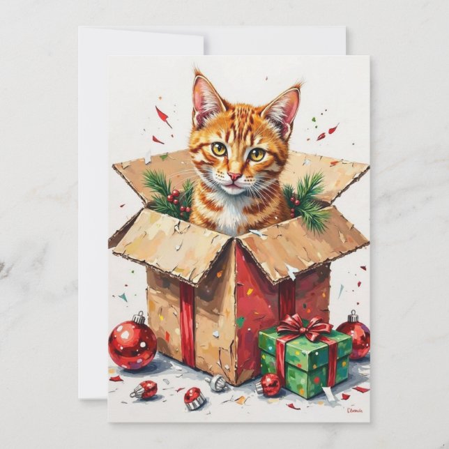 I Help Unpack! Funny Cat in Christmas Shipping Box Holiday Card (Front)