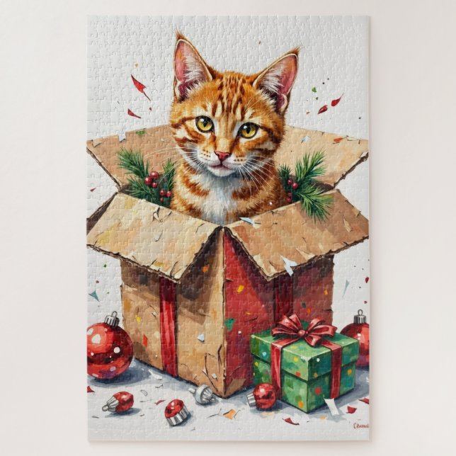 I Help Unpack! Funny Cat in Christmas Shipping Box Jigsaw Puzzle (Vertical)
