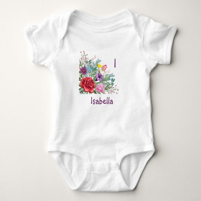 I Isabella Personalise Letter Name, Rose Flowers Baby Bodysuit (Front)