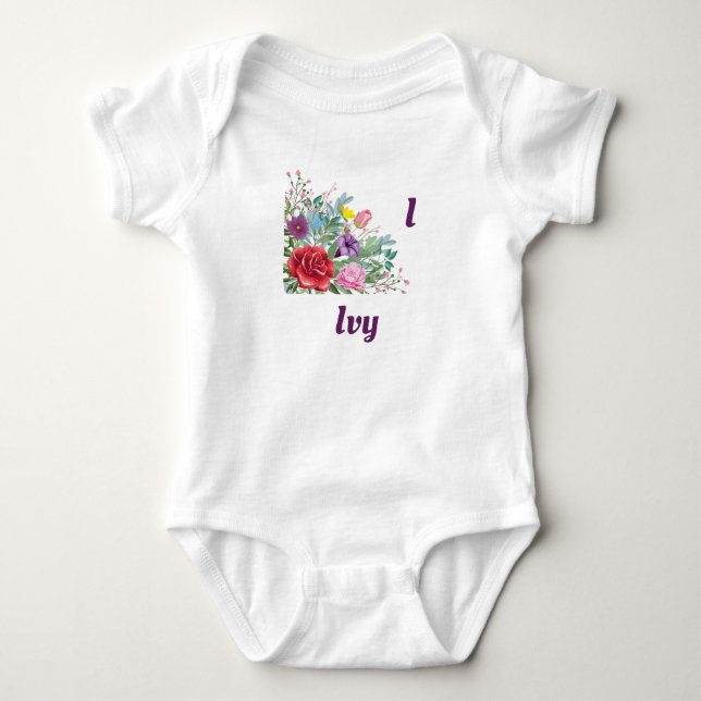 I Ivy Personalise Letter Name, Rose Flowers Baby Bodysuit (Front)