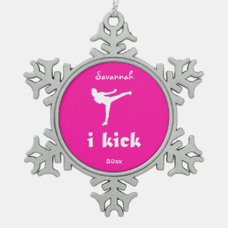 'i kick' kickboxing on bright pink with name snowflake pewter christmas ornament