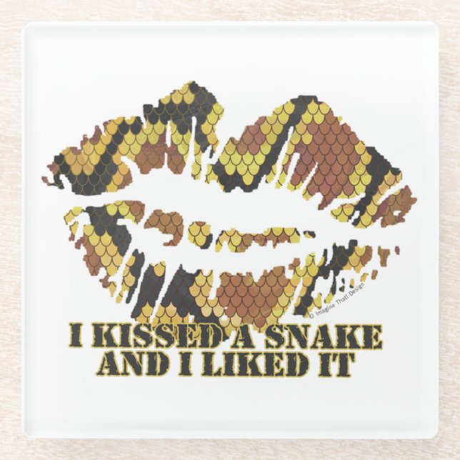 I Kissed a Snake Brown and Gold Print Glass Coaster (Front)
