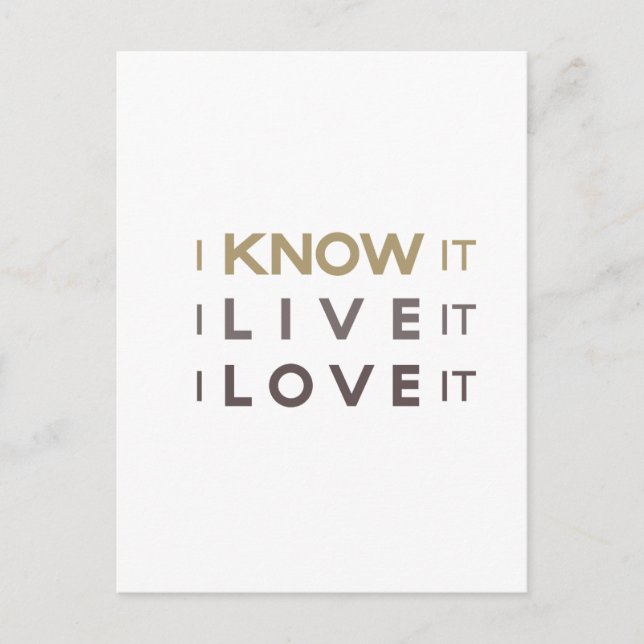 I Know It, I Live It, I Love It Postcard (Front)