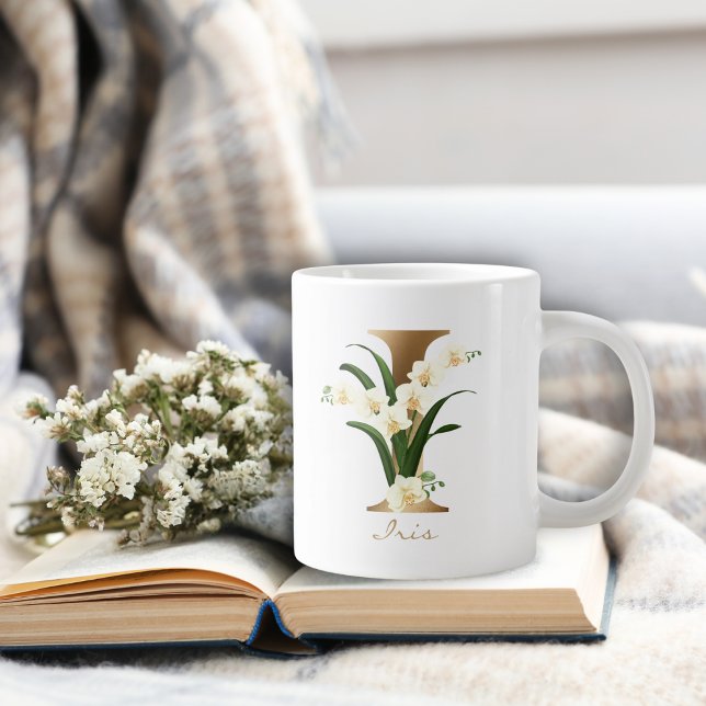 I Letter Gold Monogram | White Floral Orchids Large Coffee Mug (Creator Uploaded)