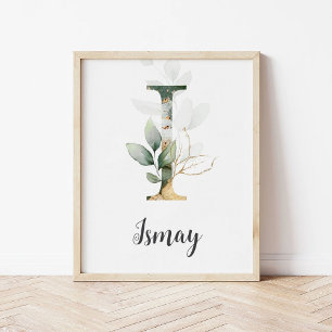 I Letter Monogram Greenery Nursery Name Wall Print