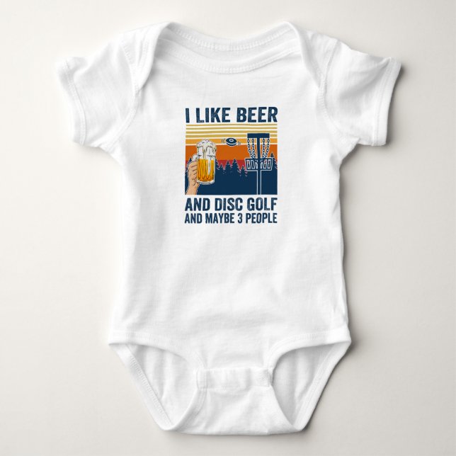 i like beer and disc golf and maybe 3 people baby bodysuit (Front)