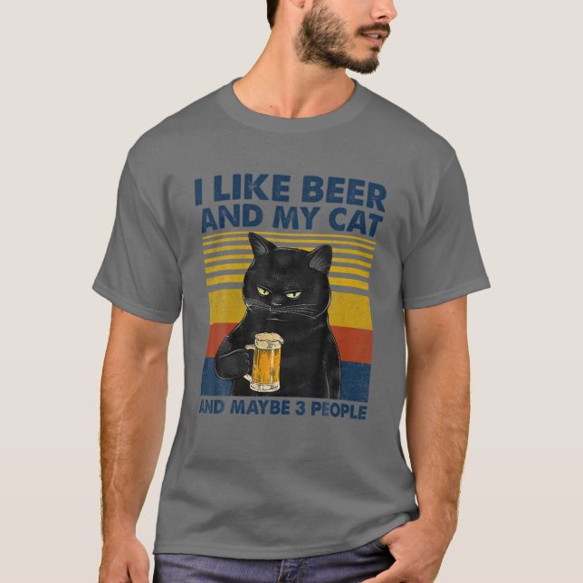 I Like Beer My Cat And Maybe 3 People Funny Cat Lo T-Shirt (Front)