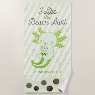 'I Like the Beach Alotl' Green Axolotl Boba Tea Towel