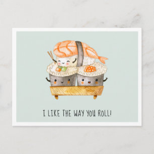 I Like The Way You Roll   Cute Sushi Valentine Holiday Postcard