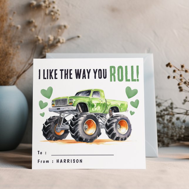 I Like The Way You Roll | Green Monster Truck Kids Holiday Card (Creator Uploaded)