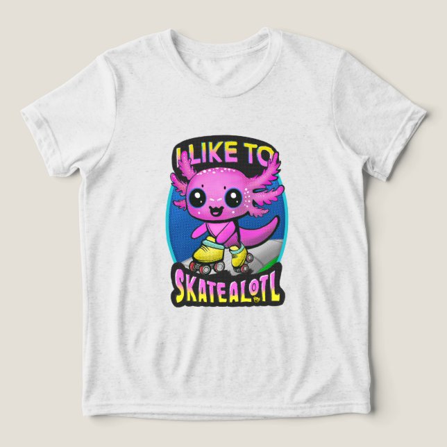 "I Like To Skatealotl" Roller Skating Axolotl Pink Tri-Blend Shirt (Design Front)