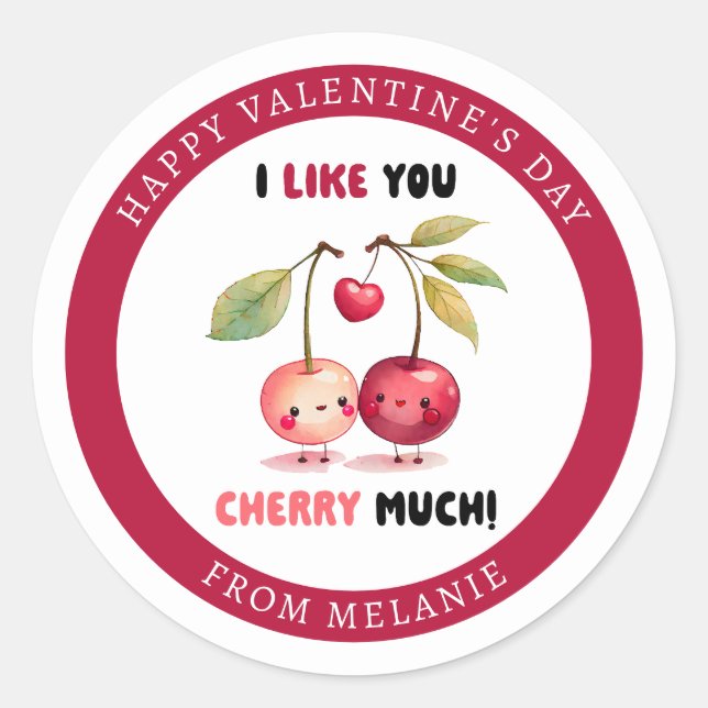 I Like You Cherry Much Classroom Photo Valentine  Classic Round Sticker (Front)