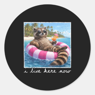 I live here funny racoon meme feral girl summer classic round sticker