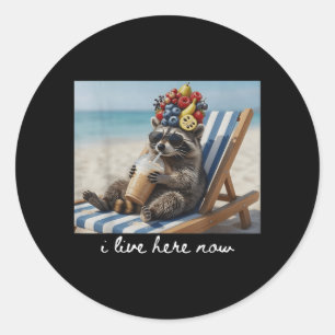 I Live Here Now Funny Racoon Drinking Iced Coffee Classic Round Sticker