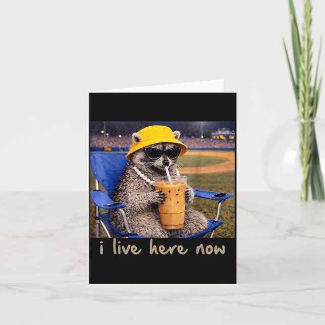 I Live Here Racoon Coffee Funny Baseball Softball Card (Front)