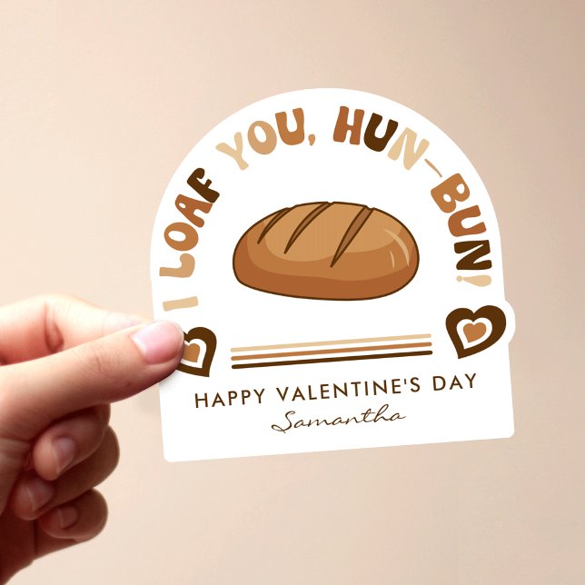 I Loaf You Trendy Beige Heart Funny Valentine's (Trendy retro cute funny 'I Loaf You Hun-Bun' kiss-cut sticker with custom name + message)