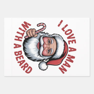 I Love a Man WIth a Beard Bearded Santa Christmas Wrapping Paper Sheet