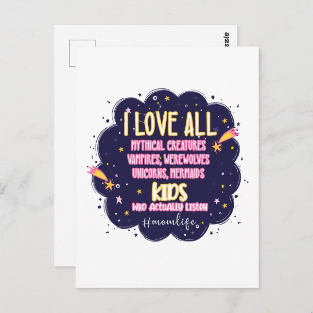 I Love All Mythical Creatures, Vampires, Werewolf Postcard (Front/Back)