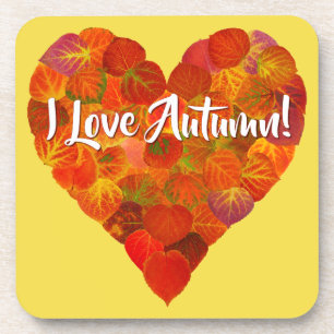 I Love Autumn!—Red Aspen Leaf Heart 1 Coaster