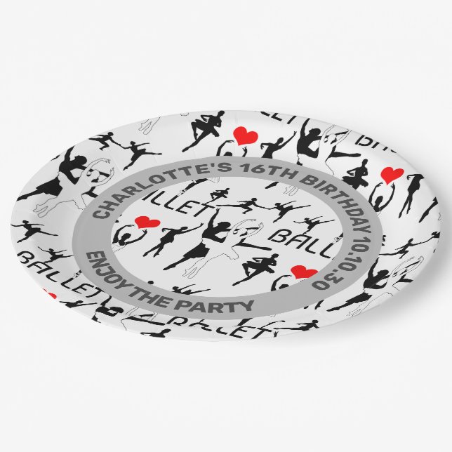 I Love Ballet Pattern. Black Ballet Dancers Paper Plate (Angled)
