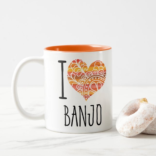 I Love Banjo Orange Mandala Heart Two-Tone Coffee Mug (With Donut)