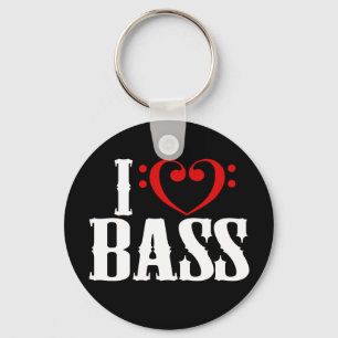 I Love Bass, with bass clef Heart Key Ring