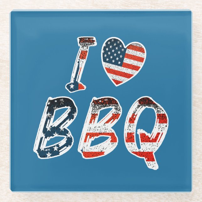 I love bbq, American patriotic Glass Coaster (Front)