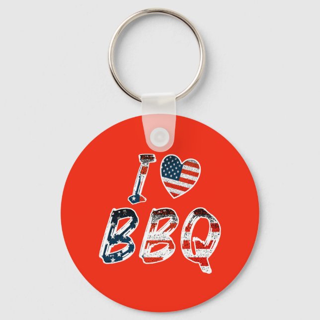 I Love BBQ, American Patriotic Key Ring (Front)