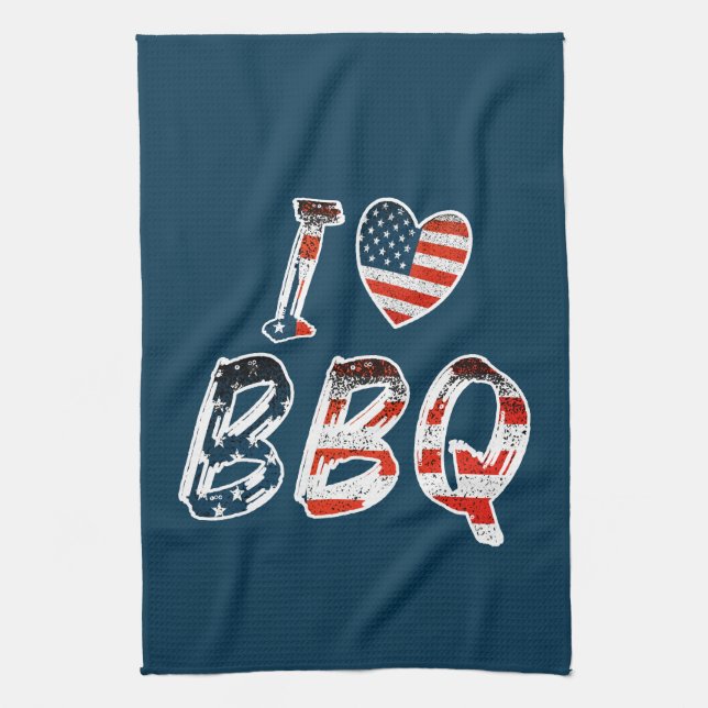 I Love BBQ, American Patriotic Tea Towel (Vertical)