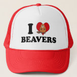 I Love Beavers Funny Trucker Hat<br><div class="desc">This funny beaver hat reads I Love Beavers in black with a cute cartoon beaver over the red heart. A cute team mascot cap for a school with a sense of humour.</div>