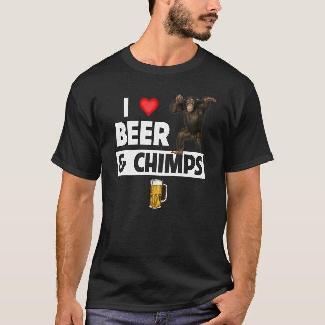I Love Beer and Chimps Drinking Chimpanzee Monkey  T-Shirt (Front)