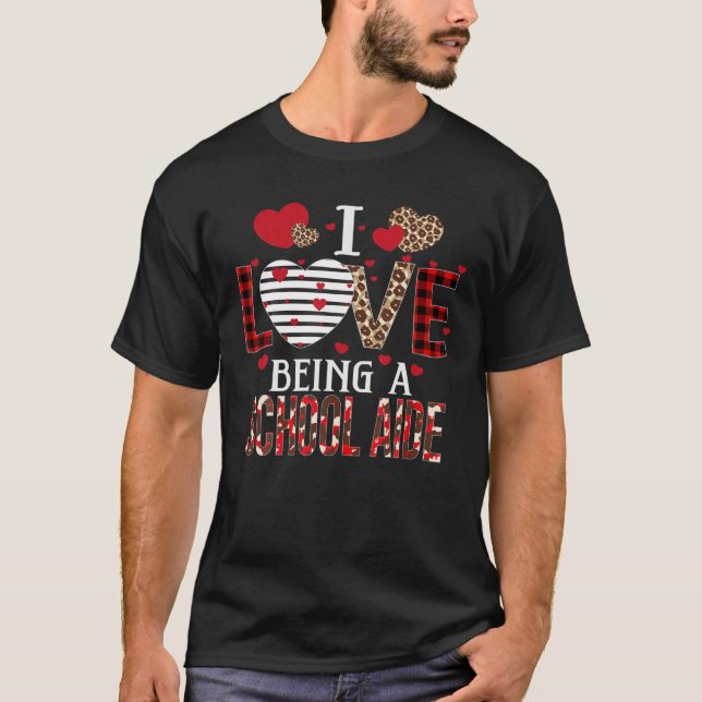 I Love Being A School Aide Red Plaid Hearts Valent T-Shirt (Front)