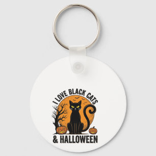 I Love Black Cats Halloween Vintage Shirt Design_1 Key Ring