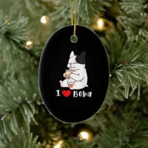 I Love Boba Bubble Tea Dog Cut French Bulldog Gift Ceramic Tree Decoration