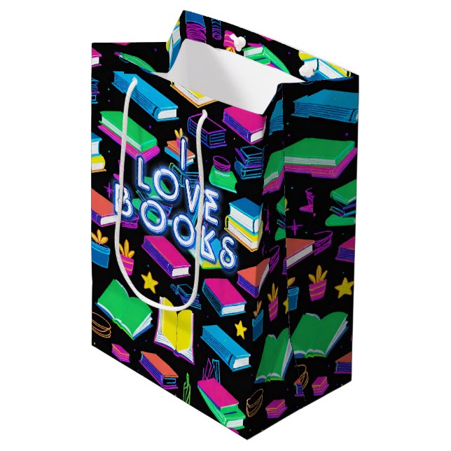 I Love Books Colourful  Medium Gift Bag (Front Angled)